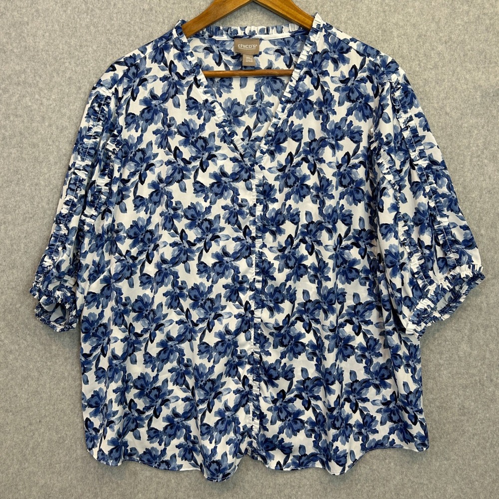 Chicos Size 4 US XXL Floral V-Neck Blouse Blue White Ruffle Sleeve Top Preppy